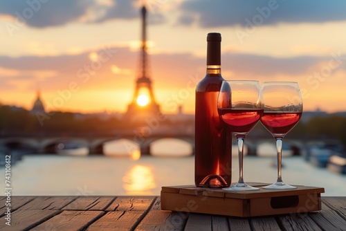 Bottle and wineglasses on table on Eiffel Tower background