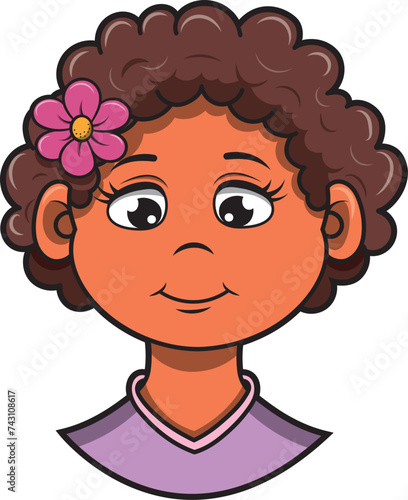 Rostro femenino de primer plano de mujer de piel morena de ascendencia africana, ilustración vectorial estilo cartoon.
