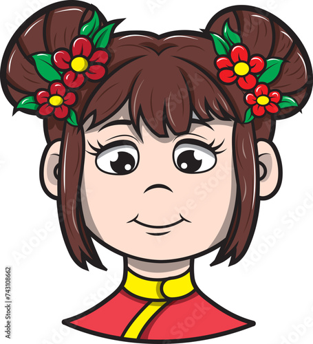 Rostro femenino de primer plano de mujer asiática, ilustración vectorial estilo cartoon.