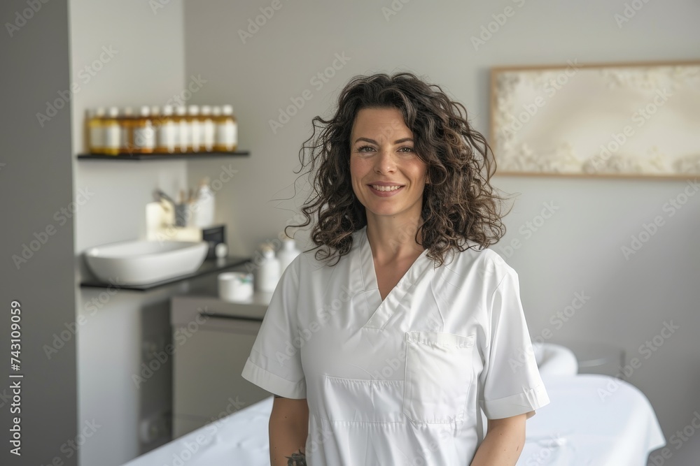 smiling woman in white medical gown standing infront bed looking into camera smiling woman in white medical gown standing infront bed looking into camera