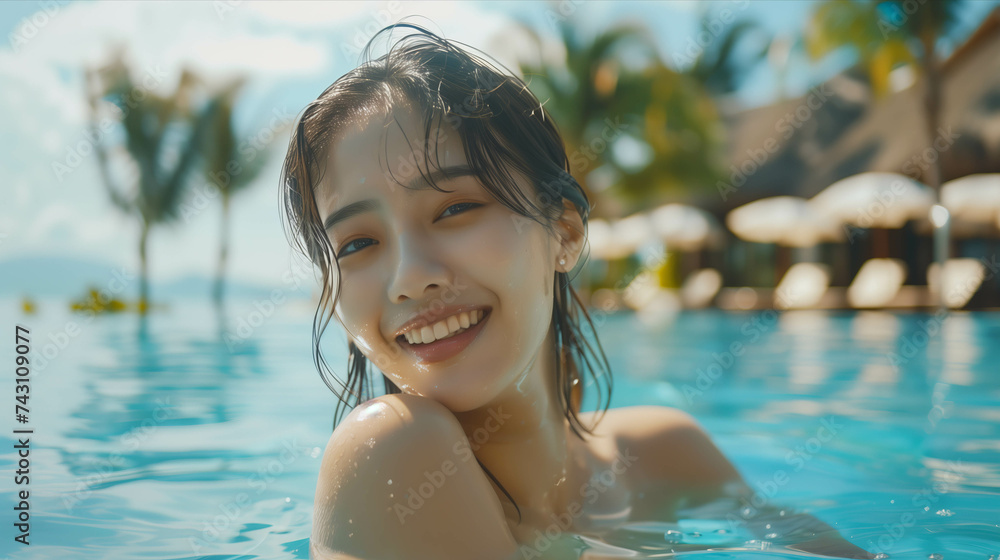 Asian woman playing in the resort swimming pool.