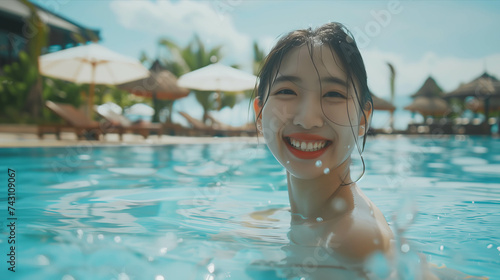 Asian woman playing in the resort swimming pool. © S photographer