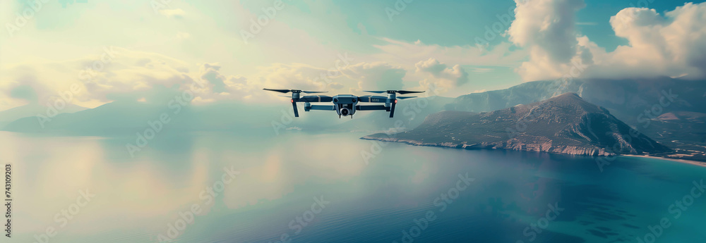 Closeup drone taking view of mountains and sea. - obrazy, fototapety, plakaty 