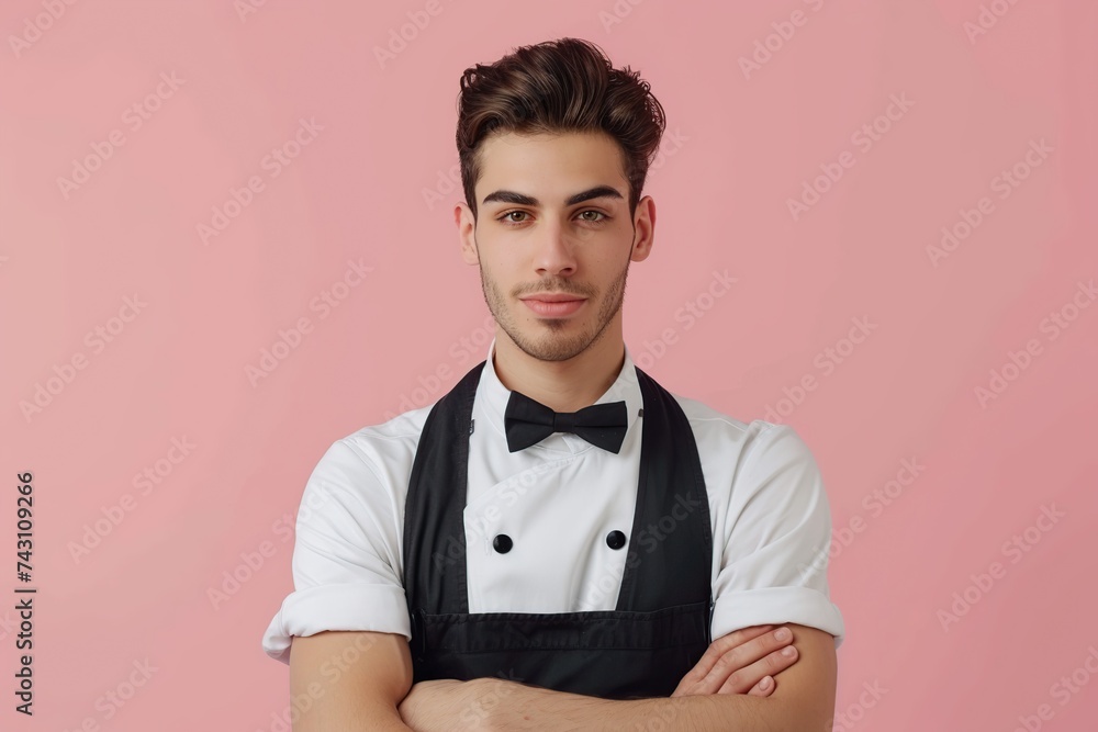 Handsome man waiter on pink background Handsome man waiter on pink background