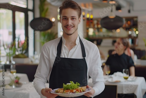 Handsome man waiter holding plate with tasty dishes