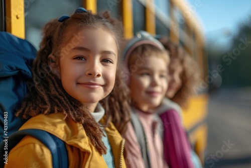 School children pupils standing near yellow school bus