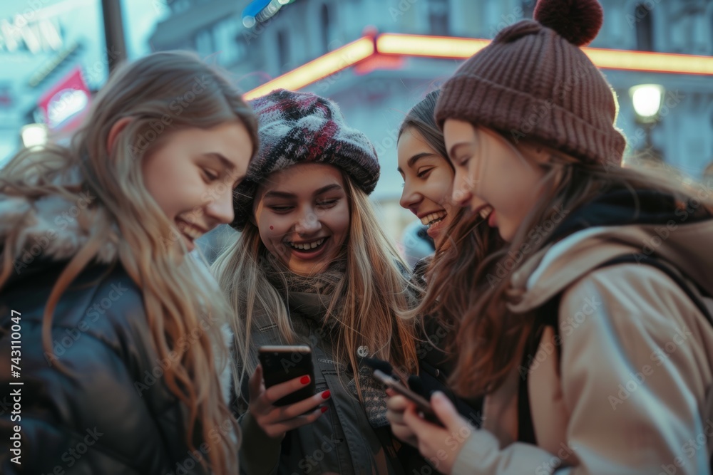 Candid Shot of Teenage Girls Laughing and Sharing a Moment with a Mobile Phone in an Urban Setting Candid Shot of Teenage Girls Laughing and Sharing a Moment with a Mobile Phone in an Urban Setting