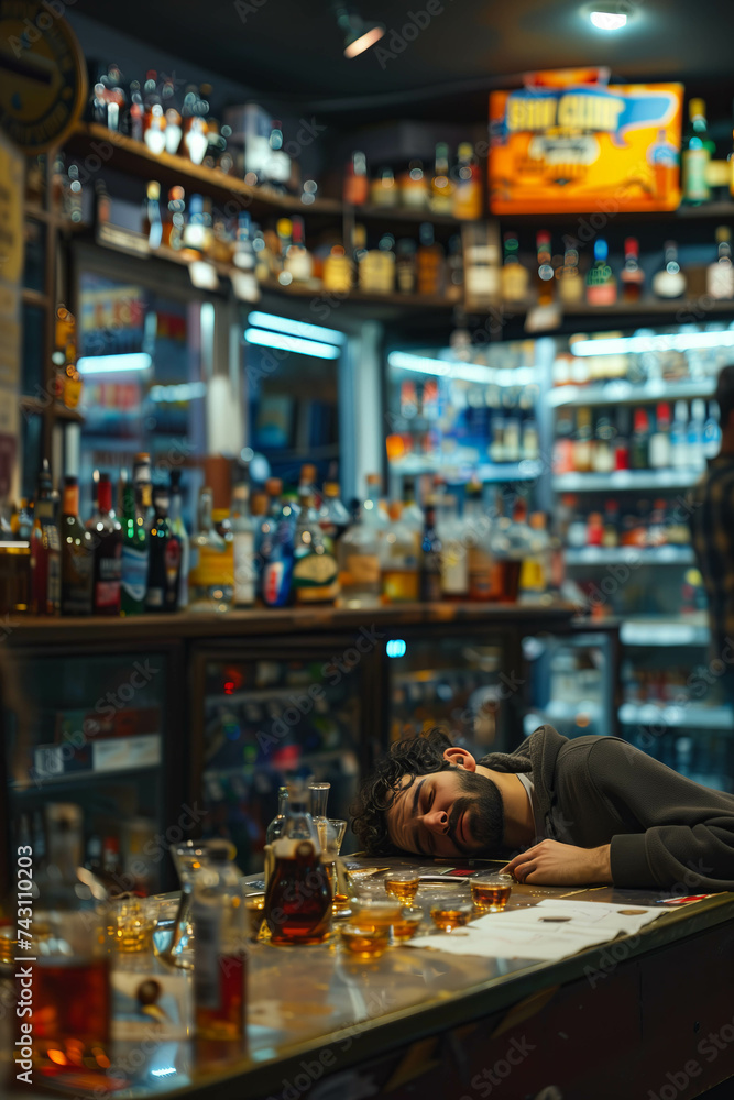 Selective focus of caucasian man drunk and asleep on table in liquor store.