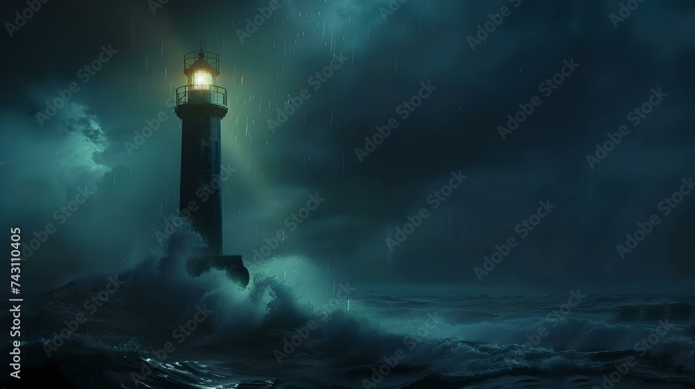 Majestic lighthouse standing resilient amidst stormy seas under ominous skies