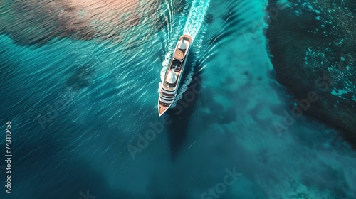 Aerial view of a solitary yacht gliding over tranquil aquamarine waters