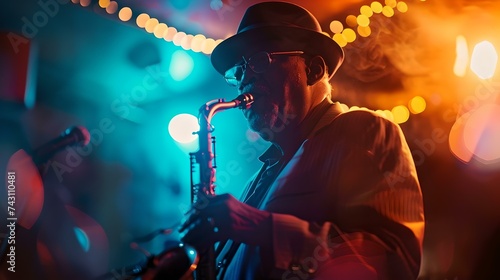 Saxophone player engrossed in music at a vibrant jazz club