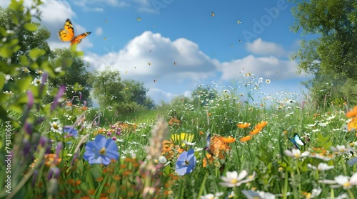Vibrant wildflower meadow with butterflies fluttering on sunny day