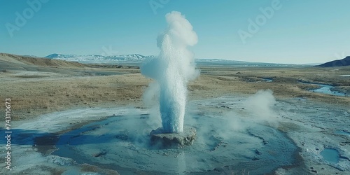 Majestic Geyser Erupting Against a Backdrop of Snow-Capped Mountains and Crisp Blue Sky, Generative AI