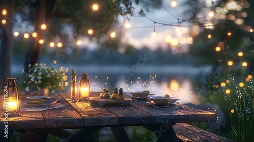 Enchanting outdoor evening picnic setup with lights by a lake