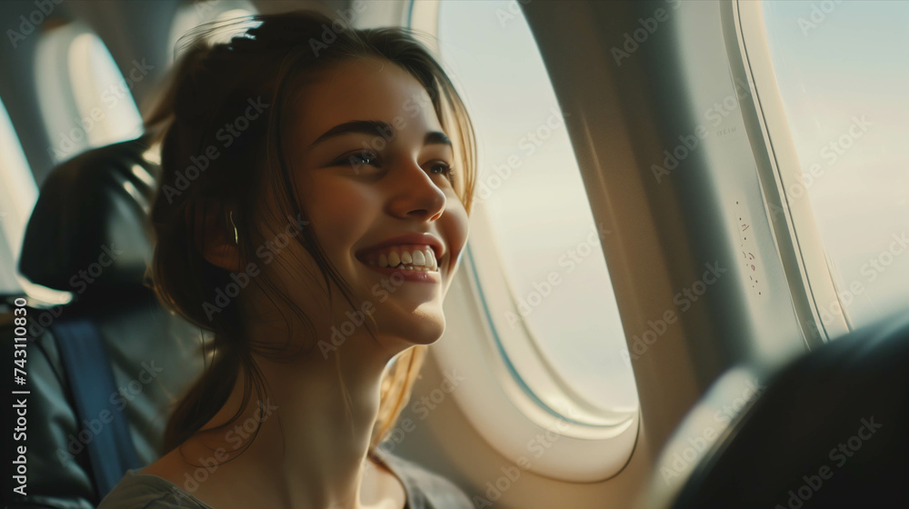 Caucasian woman sitting in airplane near window. Caucasian woman sitting in airplane near window.