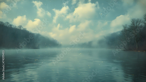 fog over the river 3d, Artwork sketch of natural peaceful illustration