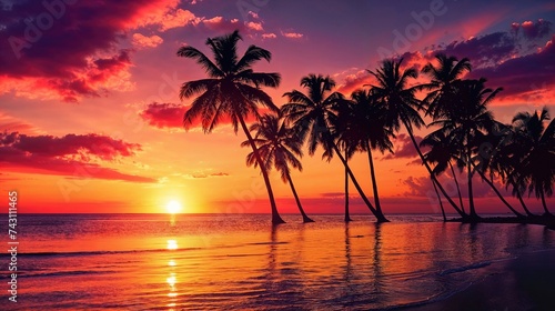 Colourful Sunset on a Paradise Island with Palm Trees, Silhouettes and Glossy Reflective Water. photo
