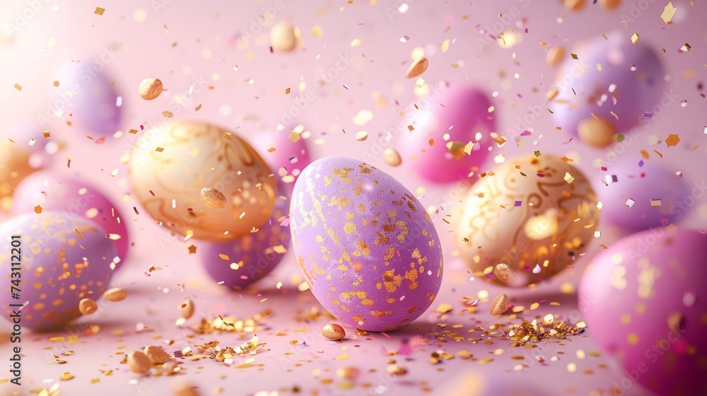 Colorful and gold easter eggs flying in the air.
Colorful and gold easter eggs flying in the air.