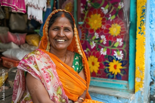 Indian woman with painted face. Holi holiday. Indian saleswoman at the market. Happy woman in sari.