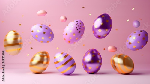 Colorful and gold easter eggs flying in the air.