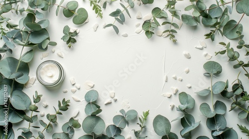 Flat lay composition with body care products and eucalyptus branches on white background	
