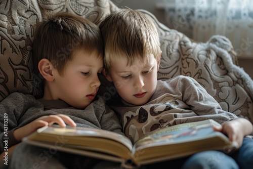 Two Young Brothers Engrossed in Reading a Book Together at Home