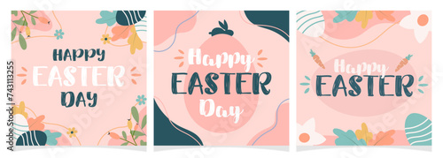 Happy Easter Day greeting card, cover, poster template set. Colorful and trendy hand drawn vector illustration in pastel colors with traditional elements.