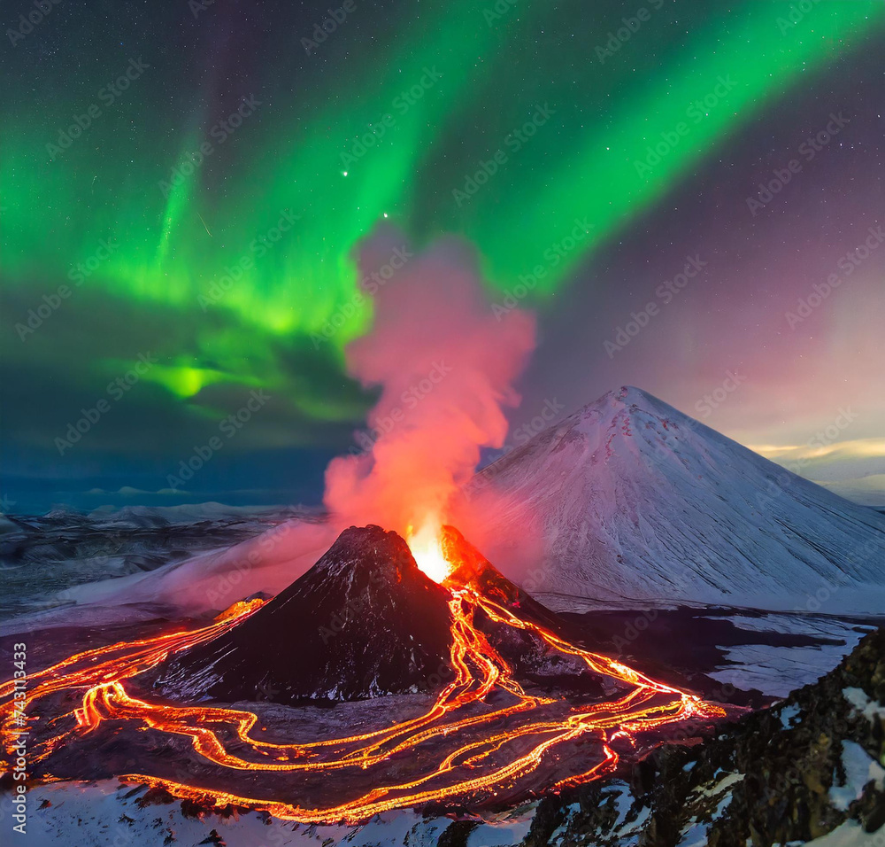 view of an erupting volcano with northern lights in the sky