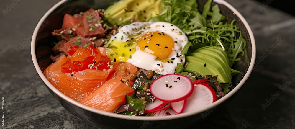 A bowl brimming with a variety of nutritious foods such as salmon, avocado, boiled beef, watermelon, radish, egg, salad greens, tomatoes, drizzled with oil, and sprinkled with sunflower seeds.