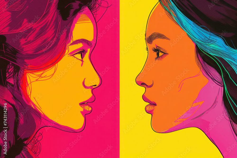 Multiracial Lesbian couple, pop art style Multiracial Lesbian couple, pop art style