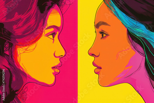 Multiracial Lesbian couple, pop art style 