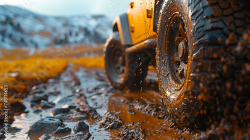 Off-road vehicle on muddy road with mud splashes at sunset