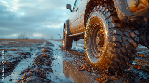 Off-road vehicle on muddy road with mud splashes at sunset