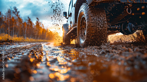 Off-road vehicle on muddy road with mud splashes at sunset