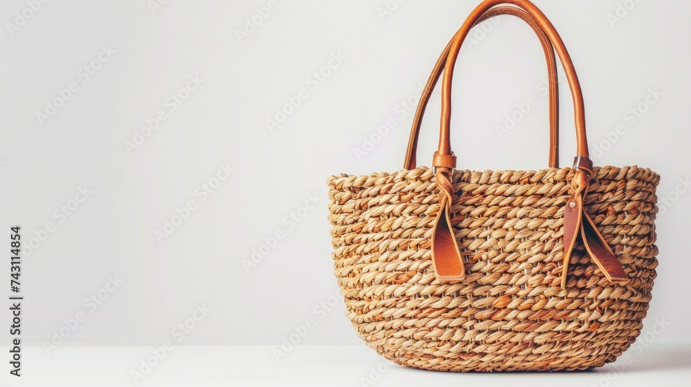 An isolated image of a women's straw bag against a white background
