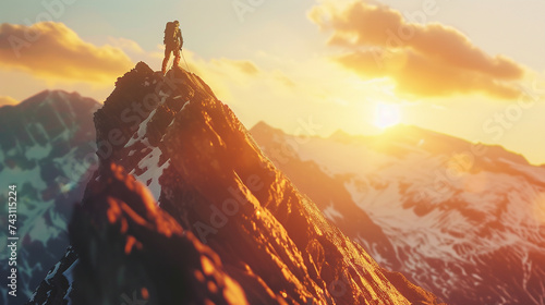 silhouette of a man with a backpack on the top of the mountain. sunset in the mountains. 3 d render