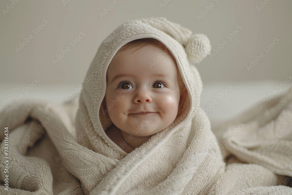 Smiling baby wrapped in a beige knitted blanket with bear ears Smiling baby wrapped in a beige knitted blanket with bear ears