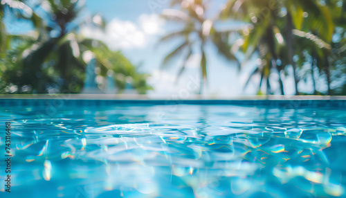 crystal pastel blue clear pool surrounded by blurred lush palm trees under the blue sky © Oleksiy