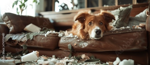 A cute dog lies casually on a couch in a room filled with scattered toys and overturned furniture. The mischievous pup has left a trail of chaos while playing. photo