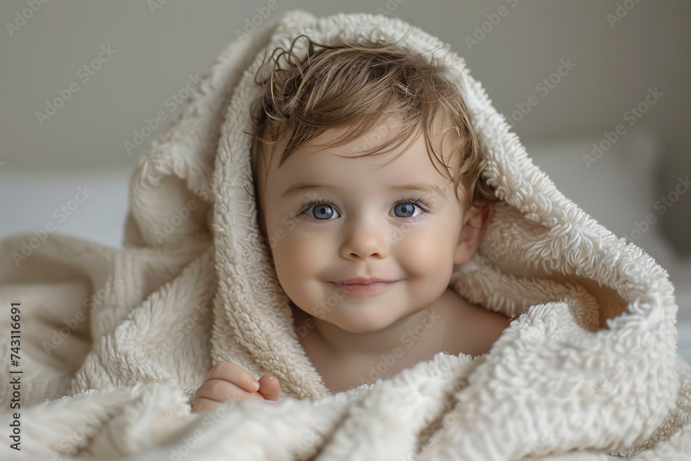 Smiling baby wrapped in a soft beige blanket Smiling baby wrapped in a soft beige blanket