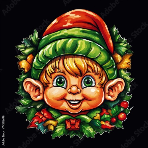 The image depicts a colorfully drawn Christmas elf with a beaming smile, twinkling eyes, and rosy cheeks. The elf is wearing a green and red hat, and is surrounded by a festive wreath composed of holl photo