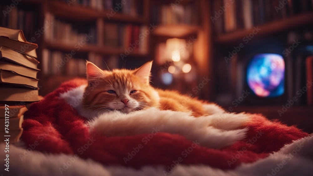 cat on the couch highly intricately detailed Cute little red kitten sleeps on fur  blanket   