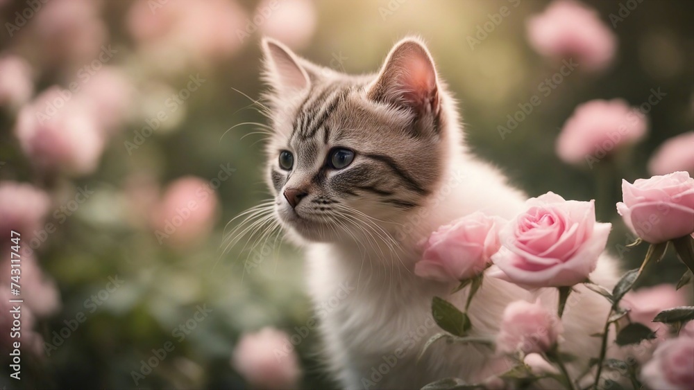 cat in the garden A small, serene kitten enveloped in the sweet fragrance of blooming pink roses, its gentle breaths cat in the garden A small, serene kitten enveloped in the sweet fragrance of blooming pink roses, its gentle breaths