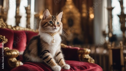 cat on the throne A regal kitten with a shiny coat, sitting on a plush velvet throne, wearing a tiny golden necklace with pearl 