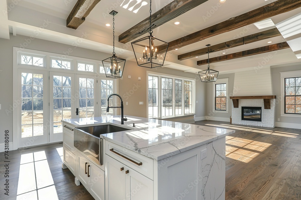 Beautiful kitchen in new traditional style luxury home with hardwood, floors and large windows, Modern kitchen. Beautiful kitchen in new traditional style luxury home with hardwood, floors and large windows, Modern kitchen.