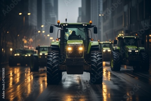 Farmers strike in city. People on strike protesting protests against tax increases, abolition of benefits by standing next to tractors on big city street photo