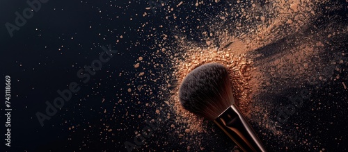 A close-up shot of a makeup brush covered in powder against a sleek black background, ideal for beauty product mockups and promotions. photo