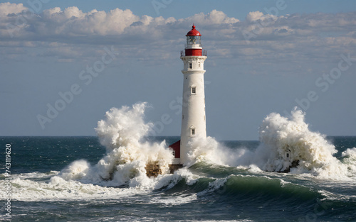 Lighthouse near the shore with crashing waves, majestic clouds, cliff