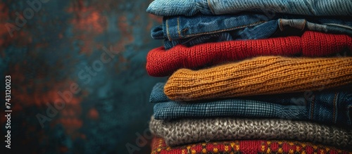A stack of jeans and sweaters neatly arranged on top of each other, creating a casual display of clothing items. photo