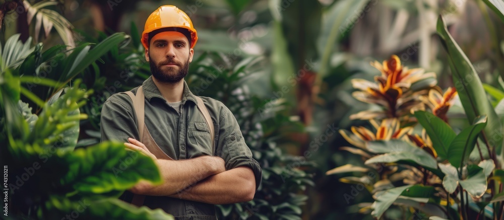 A man wearing a hard hat stands upright in the dense foliage of a jungle. He appears to be surveying the area or working on a construction project within the lush green environment.